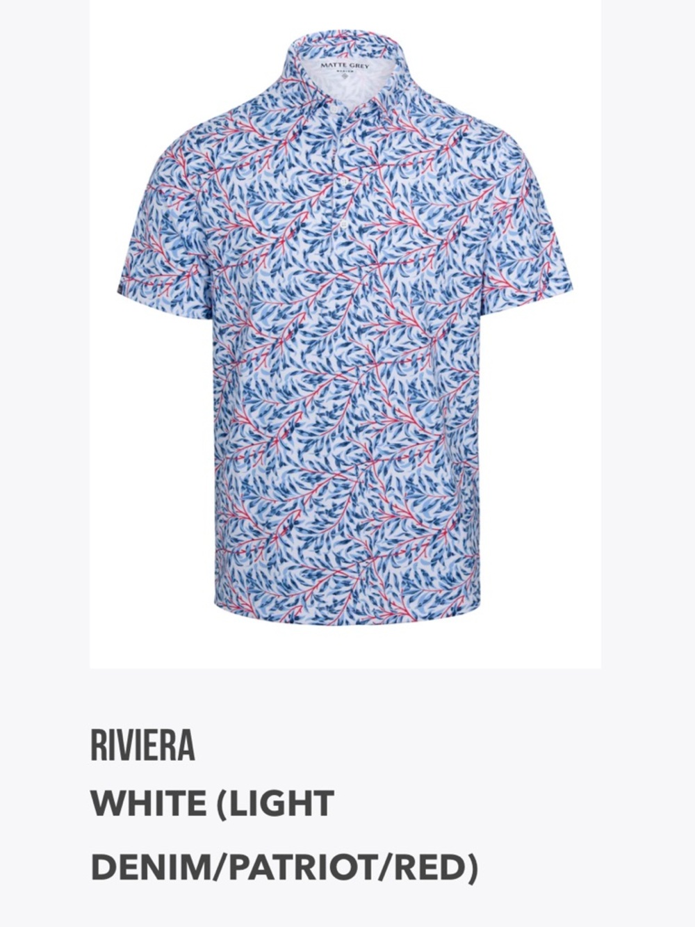 Riviera Short-Sleeve Polo in White with Light Denim & Red Leaf Print
